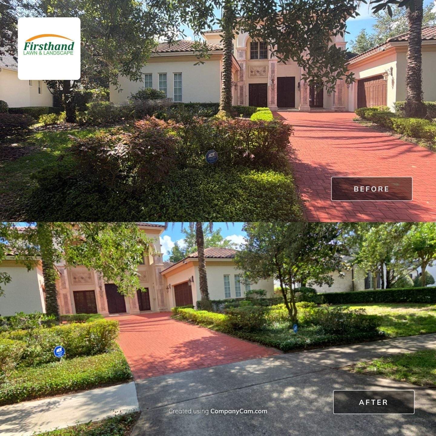 Before-and-after of overgrown Central Florida property cleanup — stucco home with brick driveway transformed from neglected to manicured — Firsthand Lawn and Landscape