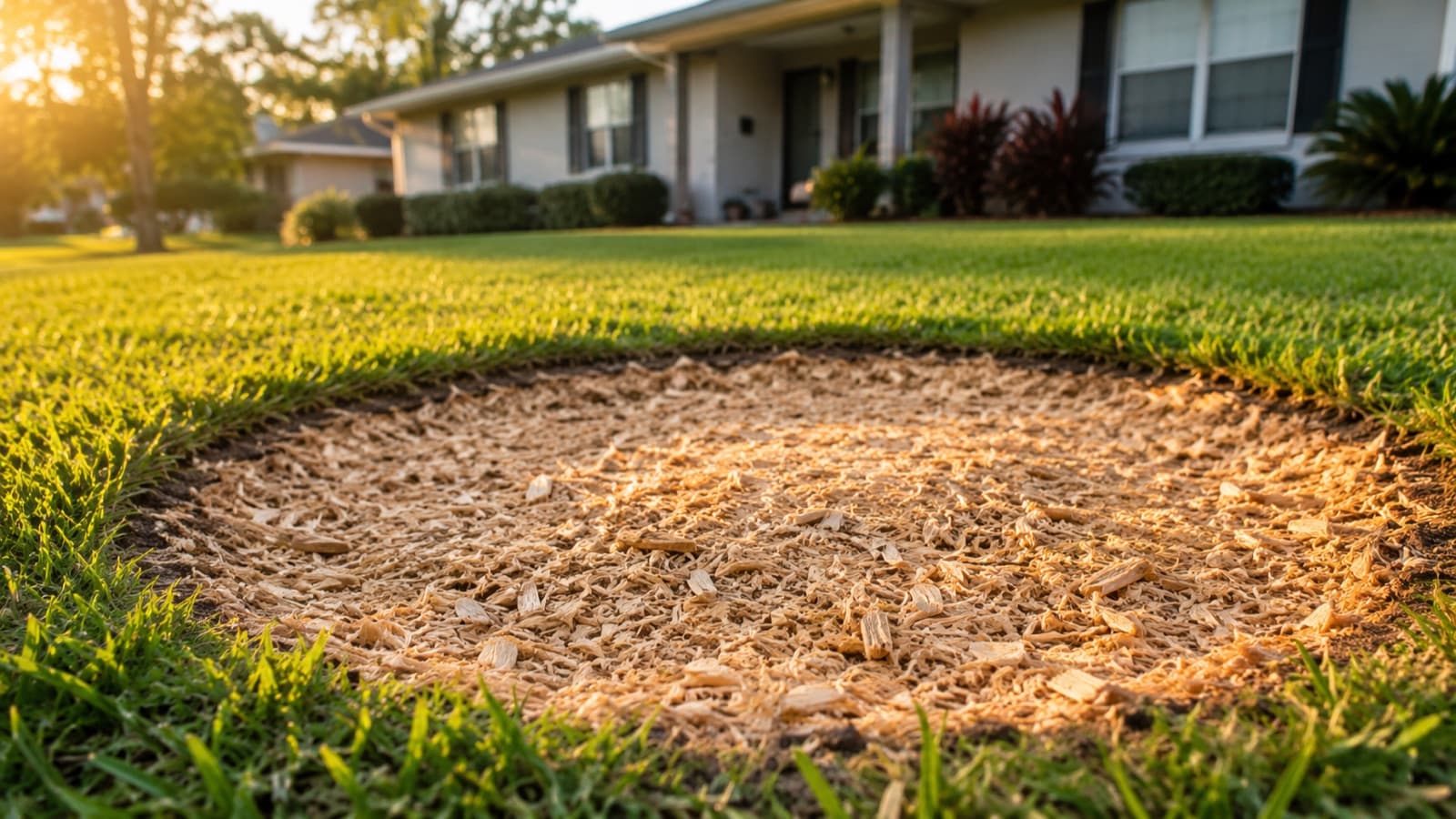 Freshly ground stump with clean wood-chip fill in a Central Florida lawn — illustrative