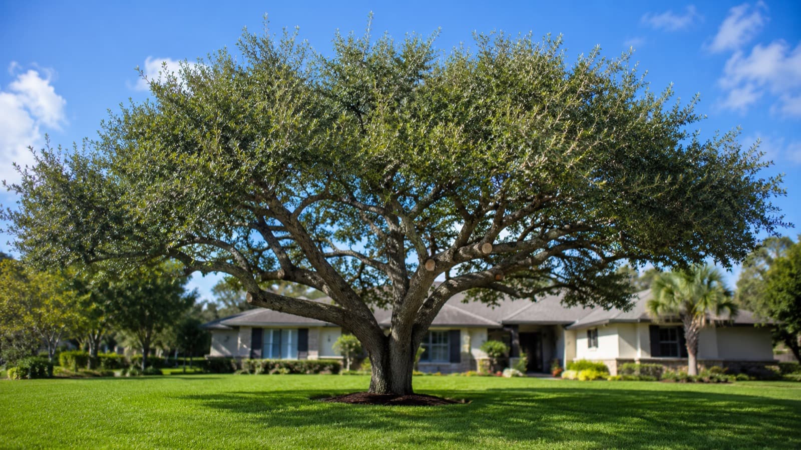 Freshly trimmed mature oak canopy in a Central Florida residential yard — illustrative